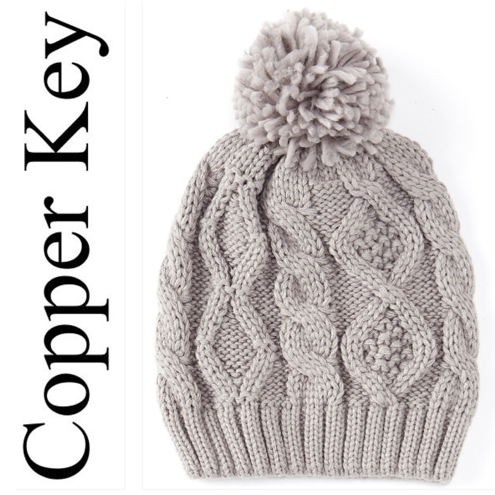 NWT Copper Key Kids Gray Soft Cable-Knit Pom Pom Beanie